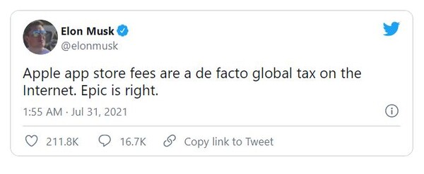 앨런 머스크의 "에픽이 옳다(Epic is rght)"고 지지하는 트윗. 사진=앨런 머스크 트위터