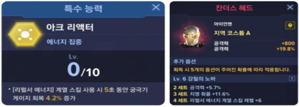 [특수능력 업그레이드와 코스튬 세트 장착 등으로 마스터리 구성을 강화할 수 있다]