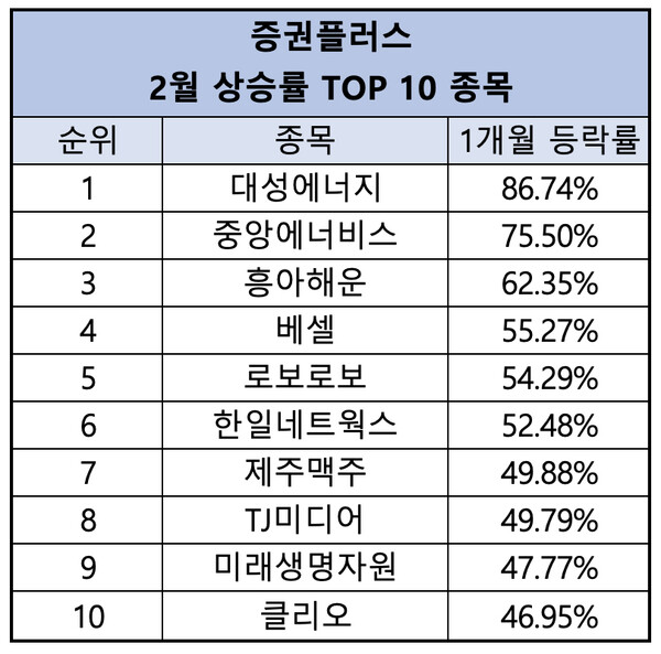 #표2. 증권플러스 2월 상승률 TOP10 종목​