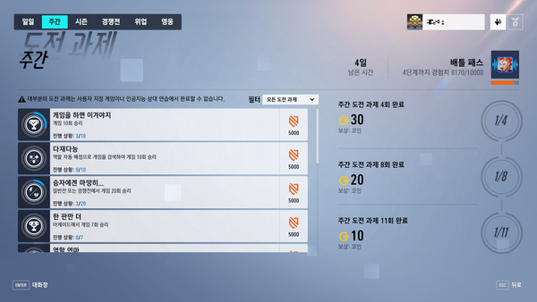 - 배틀 패스 보상을 받기 위해선 일일, 주간 도전 과제는 필수다