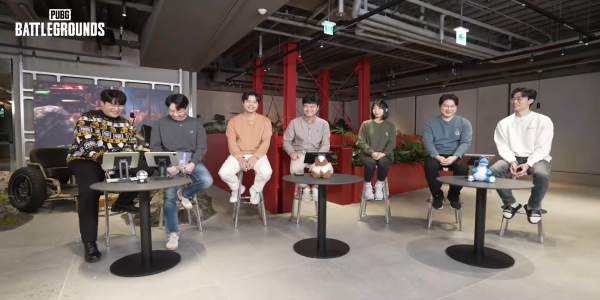 Comentarista Kim Ji-soo (da esquerda), Lim Woong-bin designer do jogo, Kim Tae-hyeon PD do jogo, Jung In-jeong líder da equipe global, Kim Seung-kyu designer de nível, Park Ki-hwan encarregado de nível / conteúdo