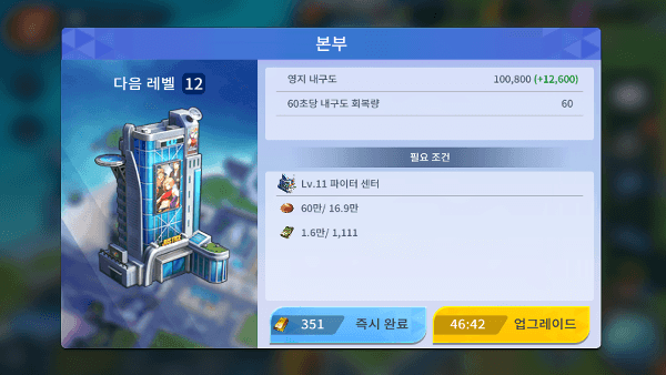 - 광고를 시청하면 업그레이드 시간을 단축할 수 있다