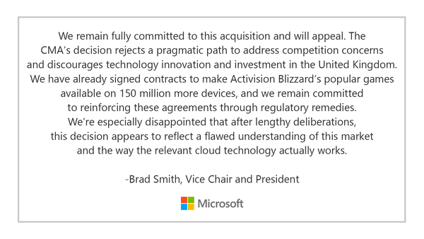 - 마이크로소프트는 CMA의 거래 차단 발표 이후 즉각 항소 의사를 밝혔다