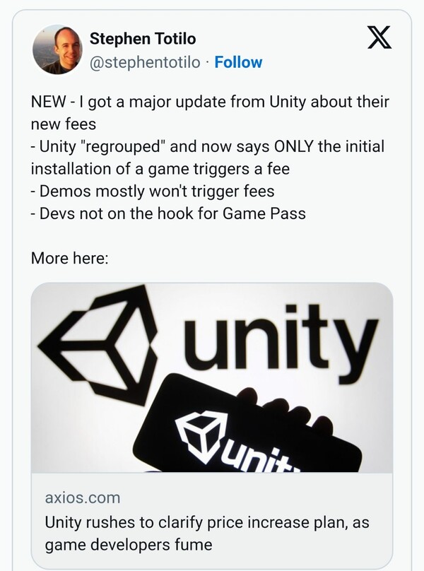  "유니티를 통해 히트 게임을 만들면 수익보다 더 많은 비용이 들지 않을까 걱정하고 있다"고 말한 스티븐 토틸로 ‘액시오스 게이밍’의 저자. 사진=X 캡처