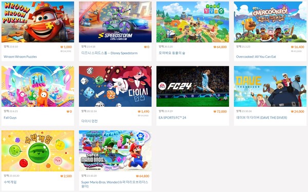 - 10월 27일 기준 닌텐도 온라인 스토어 베스트 소프트웨어 목록