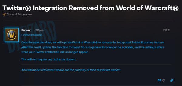 - 월드 오브 워크래프트의 트위터 연동 중단 공지 