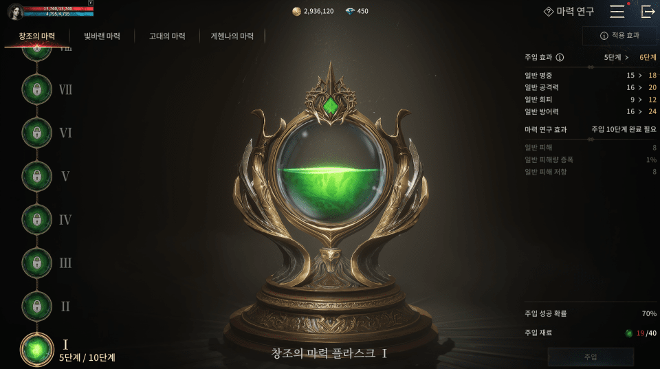 - 마력 구슬로 단계를 높이는 '마력 연구'