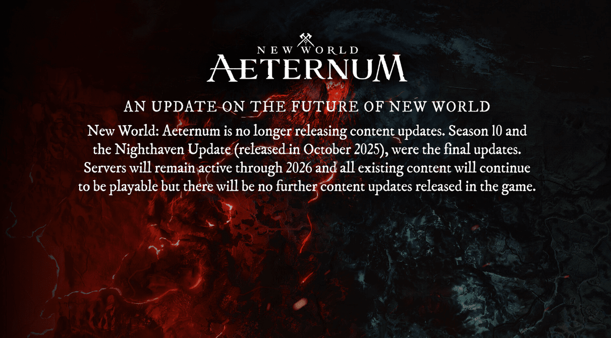 - 스팀 공식 페이지에서 뉴 월드의 서비스 종료 소식을 전했다