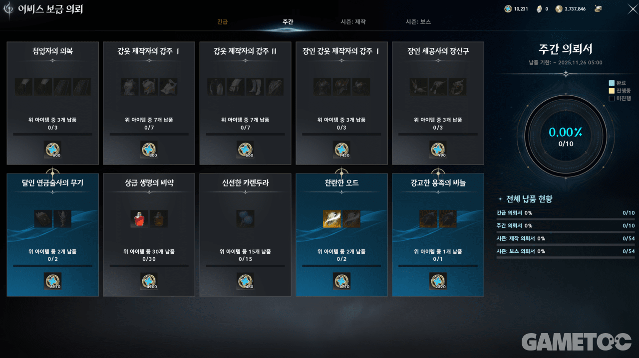 PVP 없이도 어비스 포인트를 수급할 수 있는 주간 보급 의뢰 (사진= 서동규)